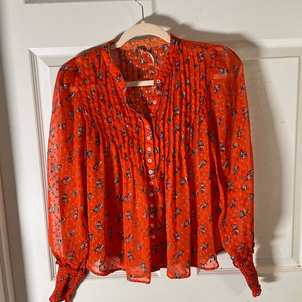 Free People Sheer Orange Floral Blouse